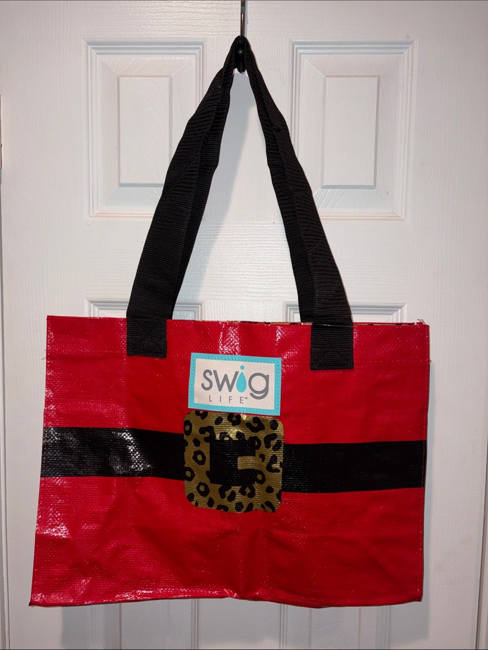 Swig Life Red Tote with Black Straps and Leopard Buckle Accent